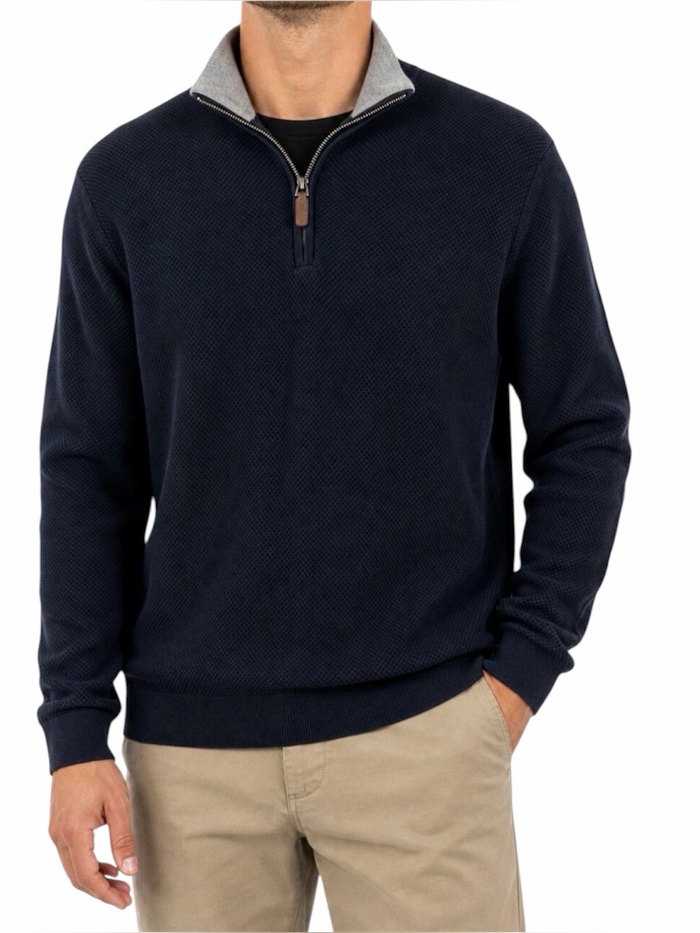 Magaschoni Mens M Navy Cotton 1/4 Zip Waffle Sweater Country Club Golf Preppy